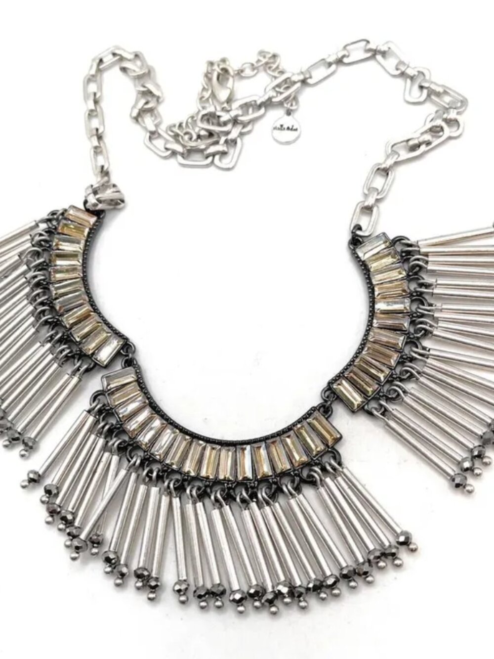 Stella & Dot Twilight Fringe Statement Bib Necklace Silver Gold Crystal